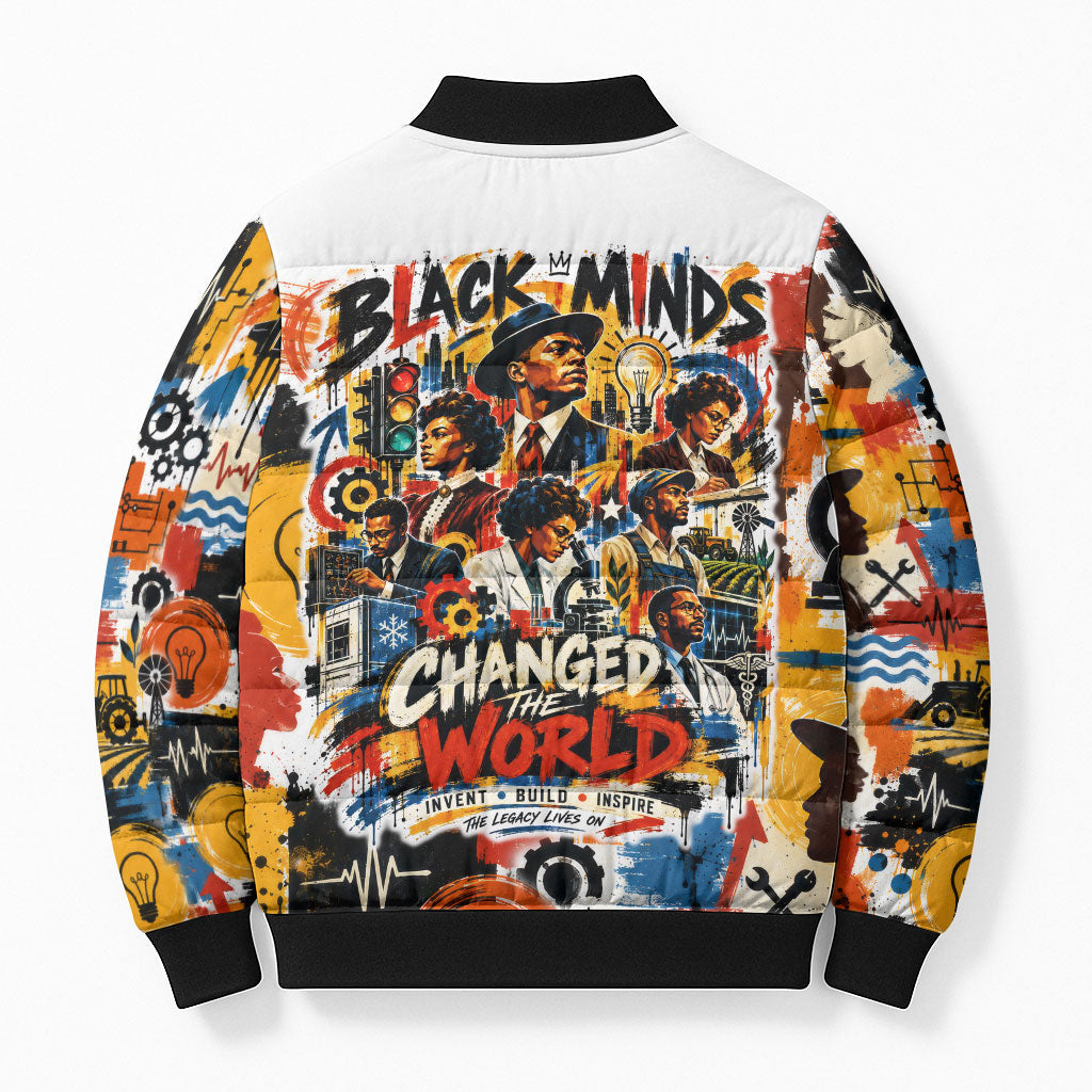Black Inventors Bomber Puffer Jacket African American Inventions - Vintage Artistic Innovation Legacy