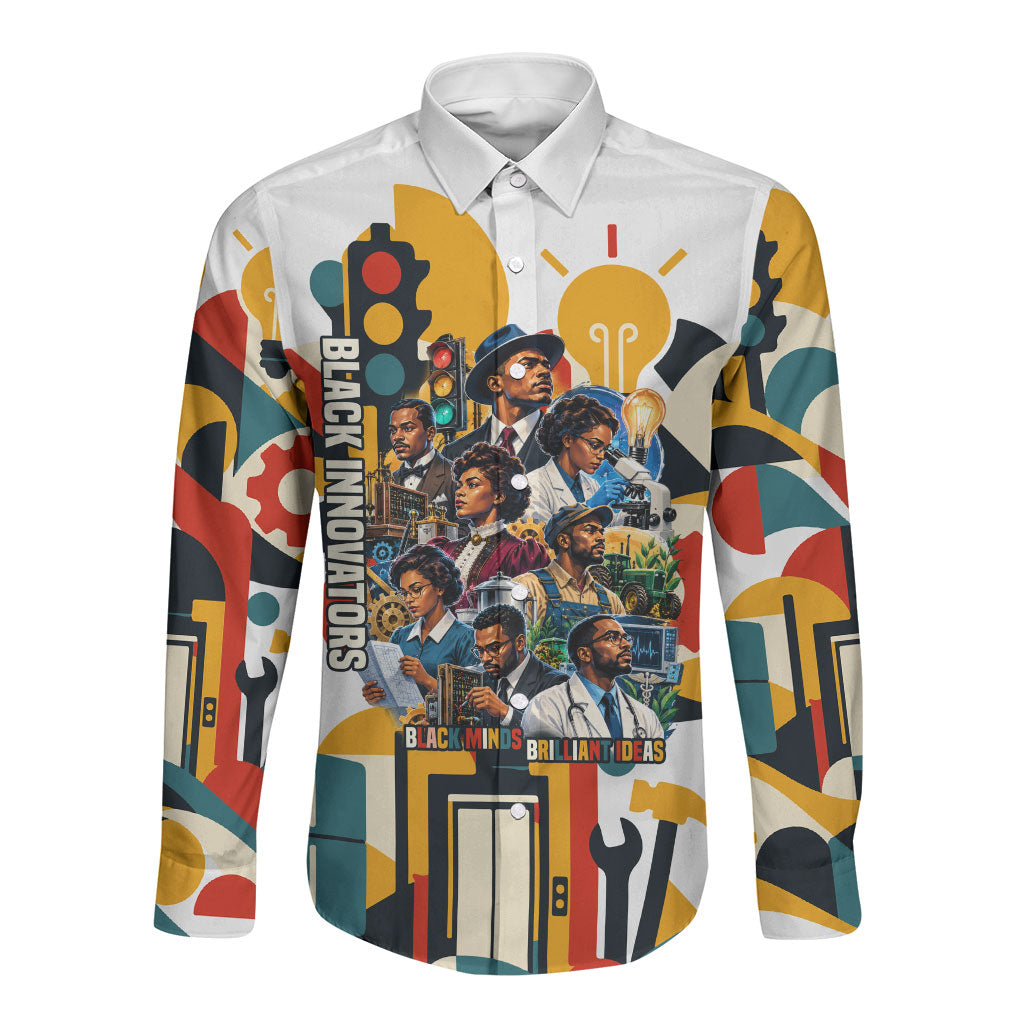 African American Inventions Long Sleeve Button Shirt Black Inventors Vintage Pop Collage Black History