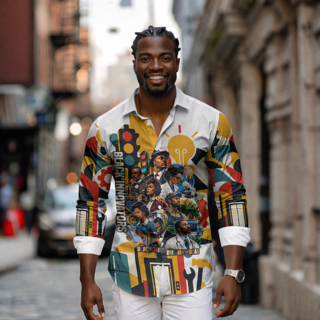 African American Inventions Long Sleeve Button Shirt Black Inventors Vintage Pop Collage Black History