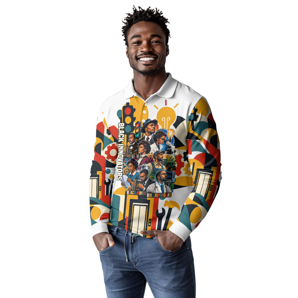 African American Inventions Long Sleeve Polo Shirt Black Inventors Vintage Pop Collage Black History