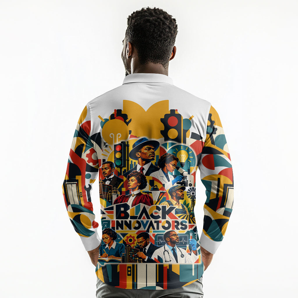 African American Inventions Long Sleeve Polo Shirt Black Inventors Vintage Pop Collage Black History