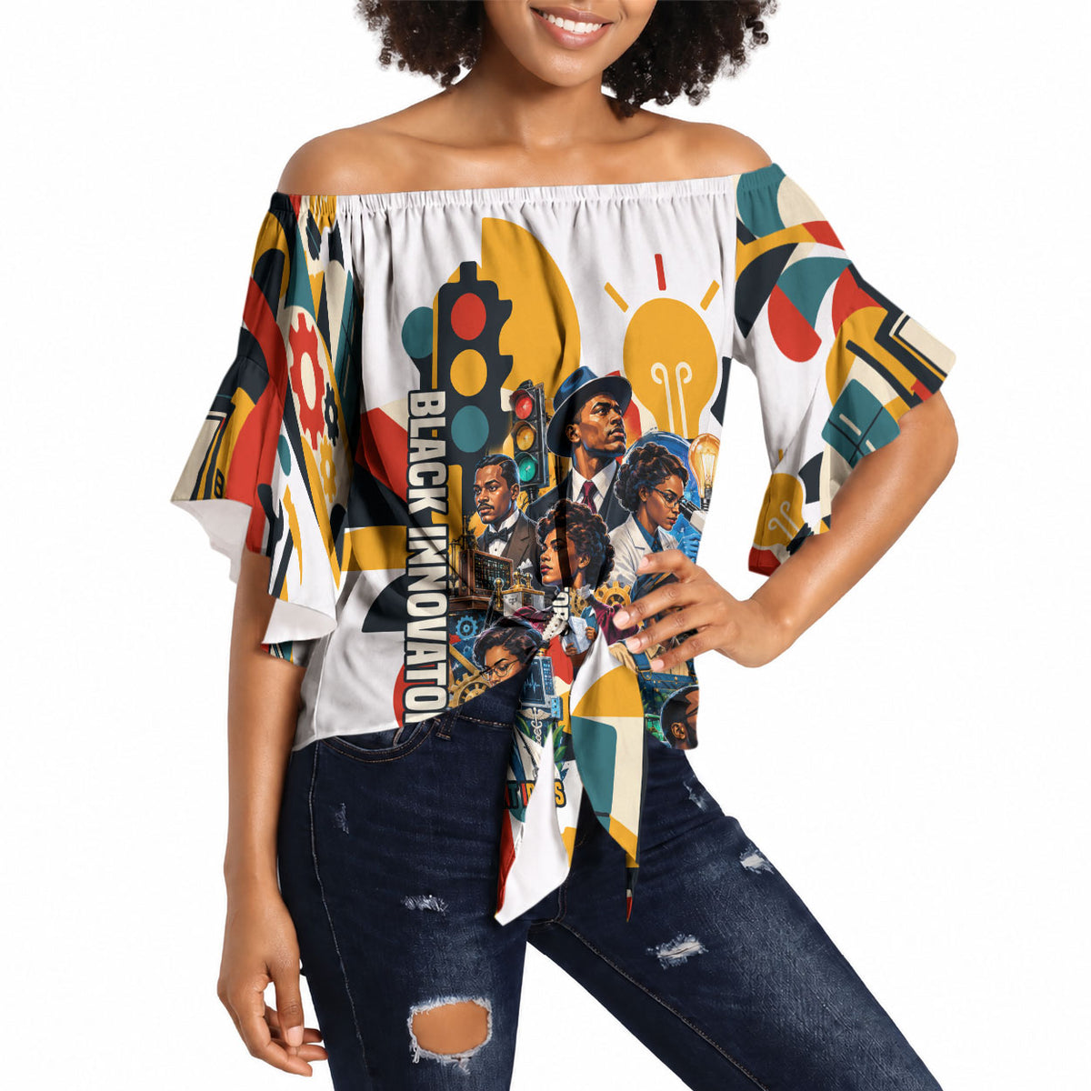 African American Inventions Off Shoulder Wrap Waist Top Black Inventors Vintage Pop Collage Black History