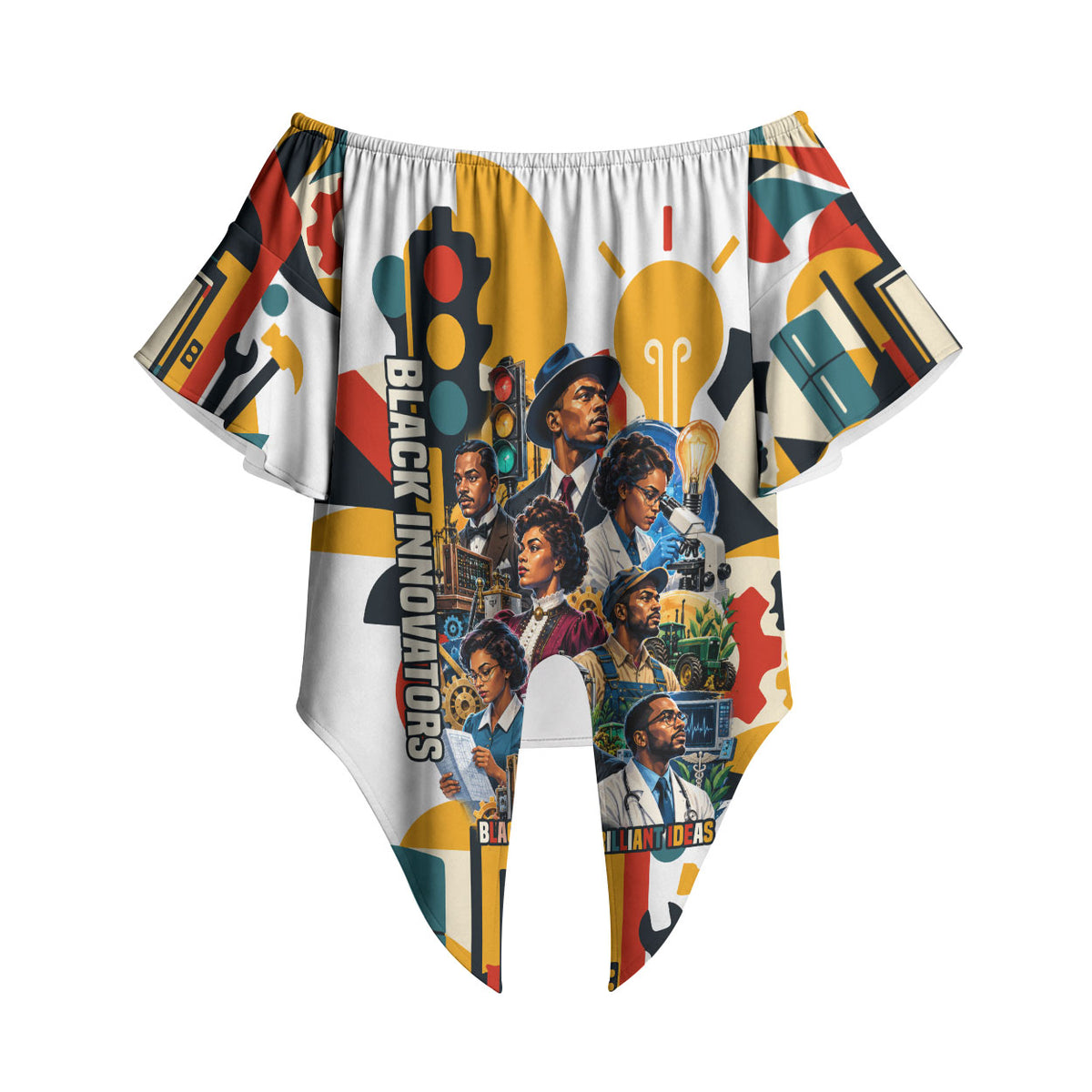 African American Inventions Off Shoulder Wrap Waist Top Black Inventors Vintage Pop Collage Black History
