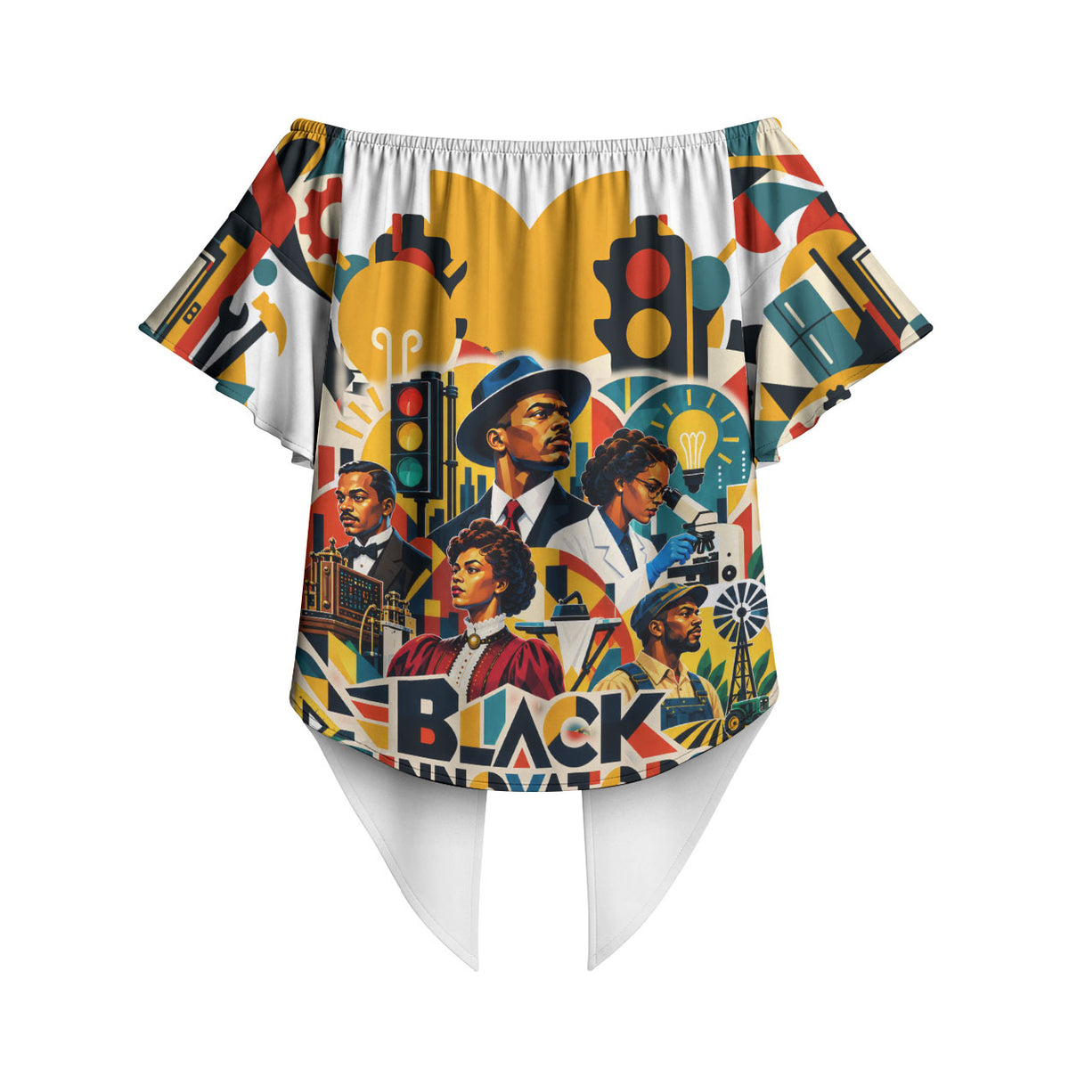 African American Inventions Off Shoulder Wrap Waist Top Black Inventors Vintage Pop Collage Black History