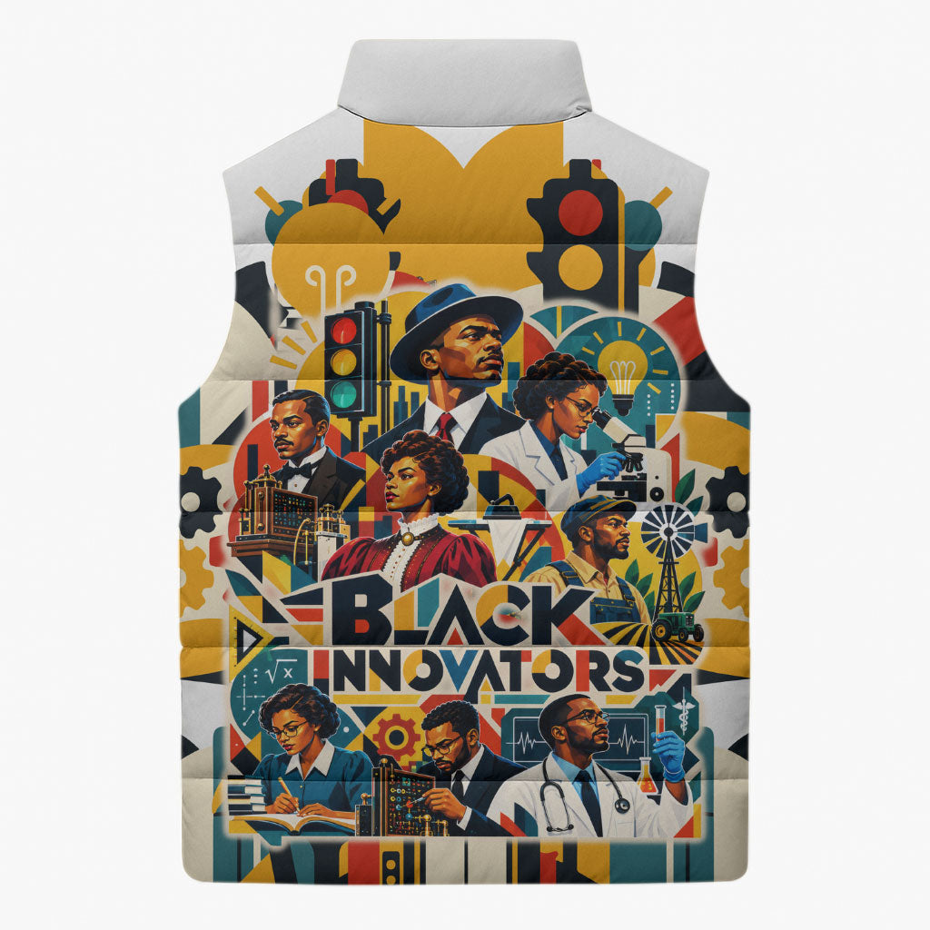 African American Inventions Sleeveless Puffer Jacket Black Inventors Vintage Pop Collage Black History