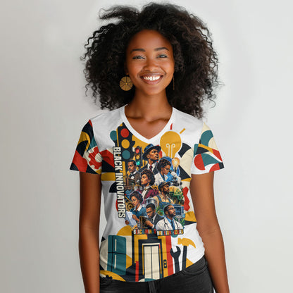 African American Inventions Women V-Neck T-Shirt Black Inventors Vintage Pop Collage Black History