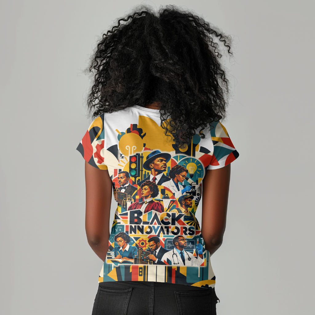 African American Inventions Women V-Neck T-Shirt Black Inventors Vintage Pop Collage Black History