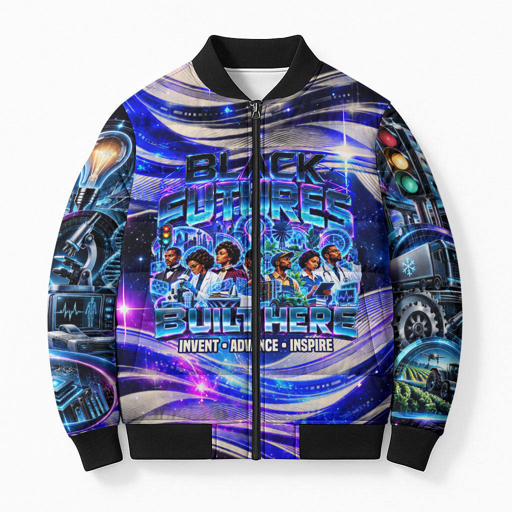 African American Inventions Black Inventors Bomber Puffer Jacket Black ...