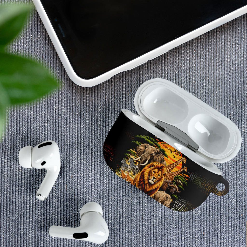 African Wildlife Heart AirPods Case Safari Sunset Lion Elephant Giraffe Tribal Pattern