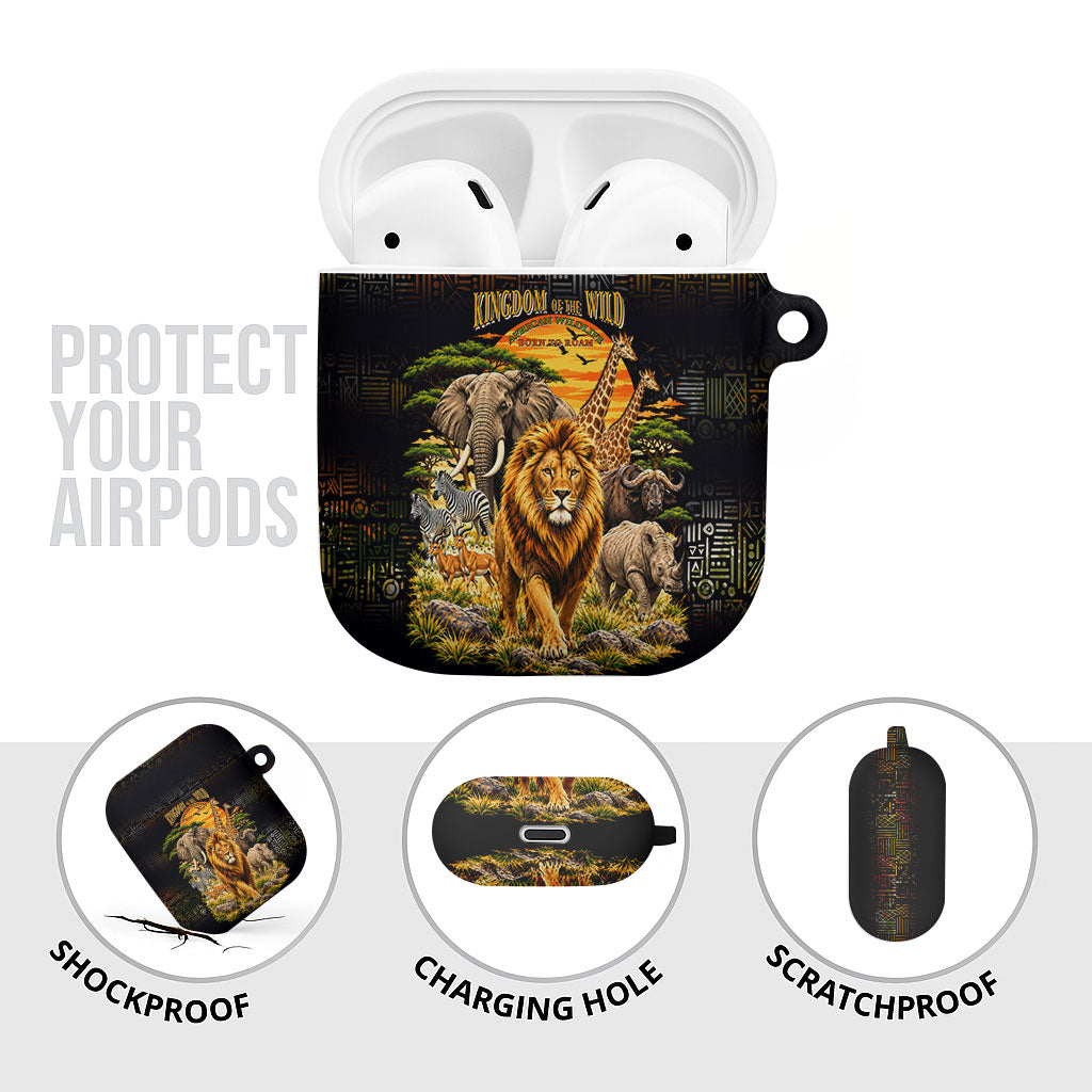 African Wildlife Heart AirPods Case Safari Sunset Lion Elephant Giraffe Tribal Pattern