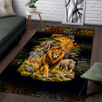 African Wildlife Heart Area Rug Safari Sunset Lion Elephant Giraffe Tribal Pattern