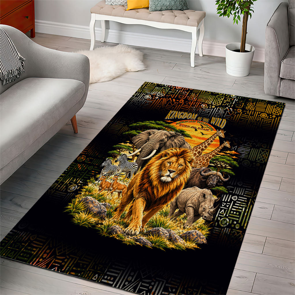 African Wildlife Heart Area Rug Safari Sunset Lion Elephant Giraffe Tribal Pattern