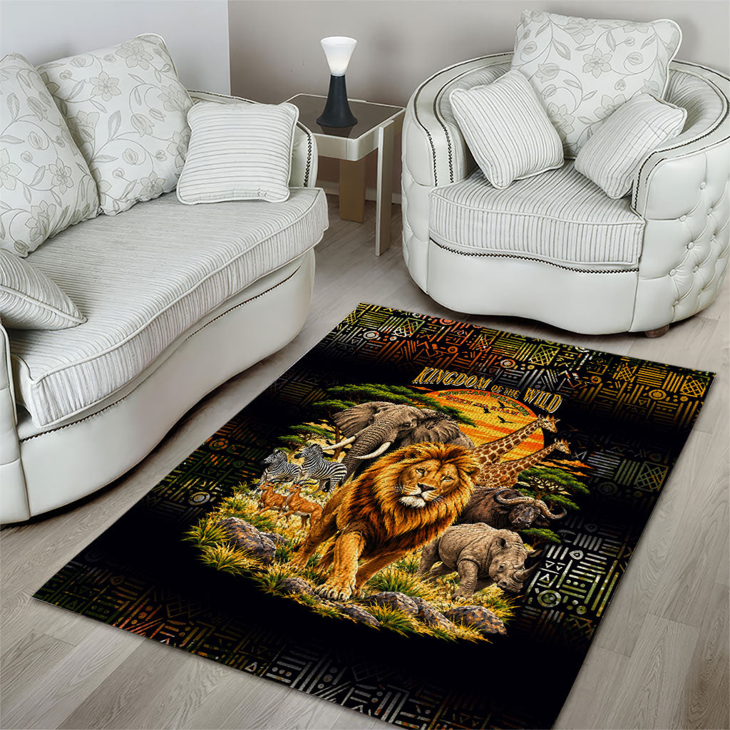 African Wildlife Heart Area Rug Safari Sunset Lion Elephant Giraffe Tribal Pattern