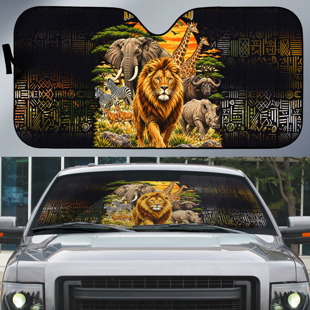 African Wildlife Heart Auto Sun Shade Safari Sunset Lion Elephant Giraffe Tribal Pattern