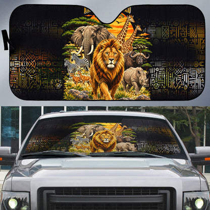 African Wildlife Heart Auto Sun Shade Safari Sunset Lion Elephant Giraffe Tribal Pattern