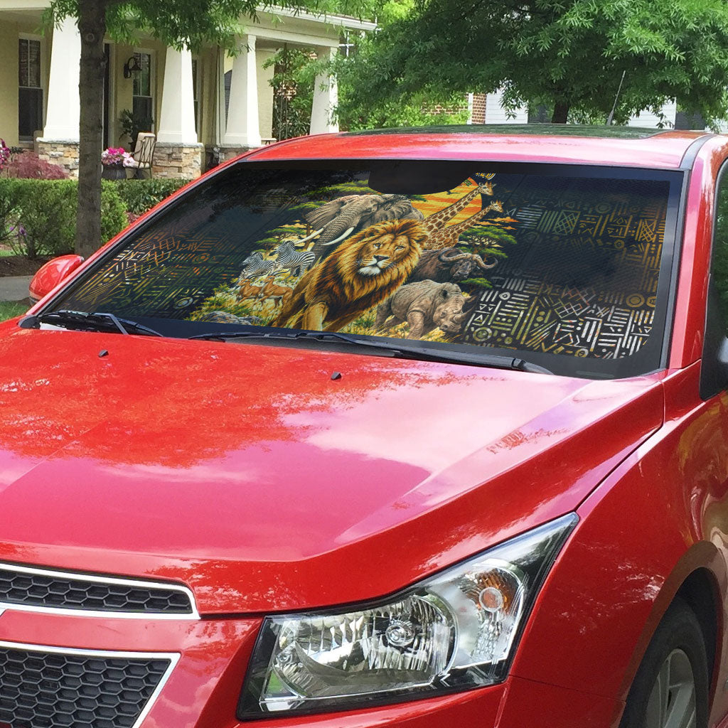 African Wildlife Heart Auto Sun Shade Safari Sunset Lion Elephant Giraffe Tribal Pattern