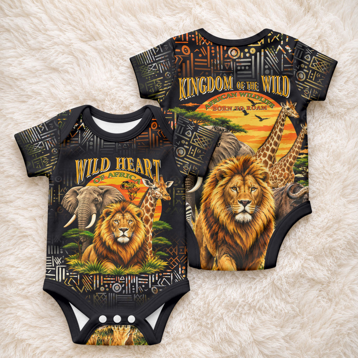 African Wildlife Heart Baby Onesie Safari Sunset Lion Elephant Giraffe Tribal Pattern