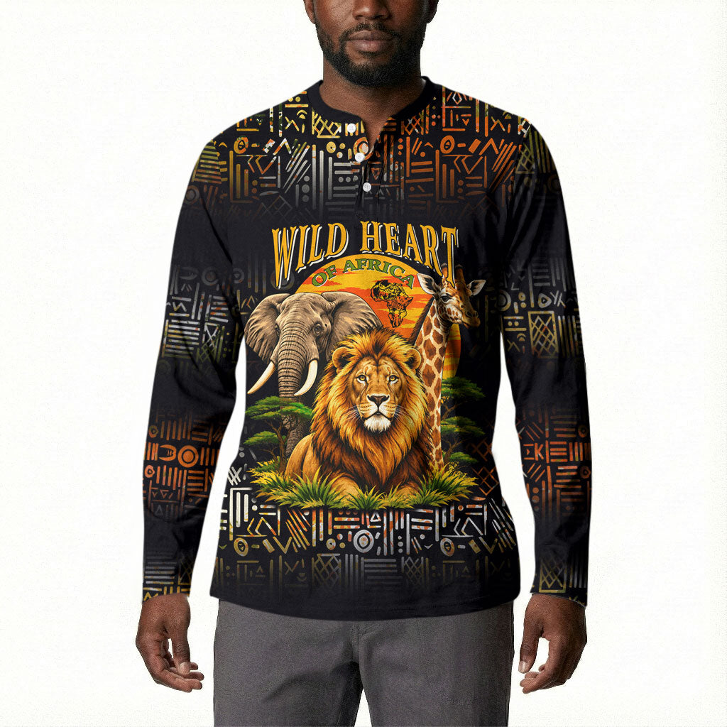 African Wildlife Heart Button Sweatshirt Safari Sunset Lion Elephant Giraffe Tribal Pattern