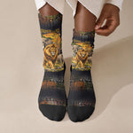 African Wildlife Heart Crew Socks Safari Sunset Lion Elephant Giraffe Tribal Pattern