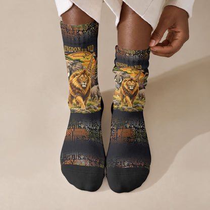 African Wildlife Heart Crew Socks Safari Sunset Lion Elephant Giraffe Tribal Pattern