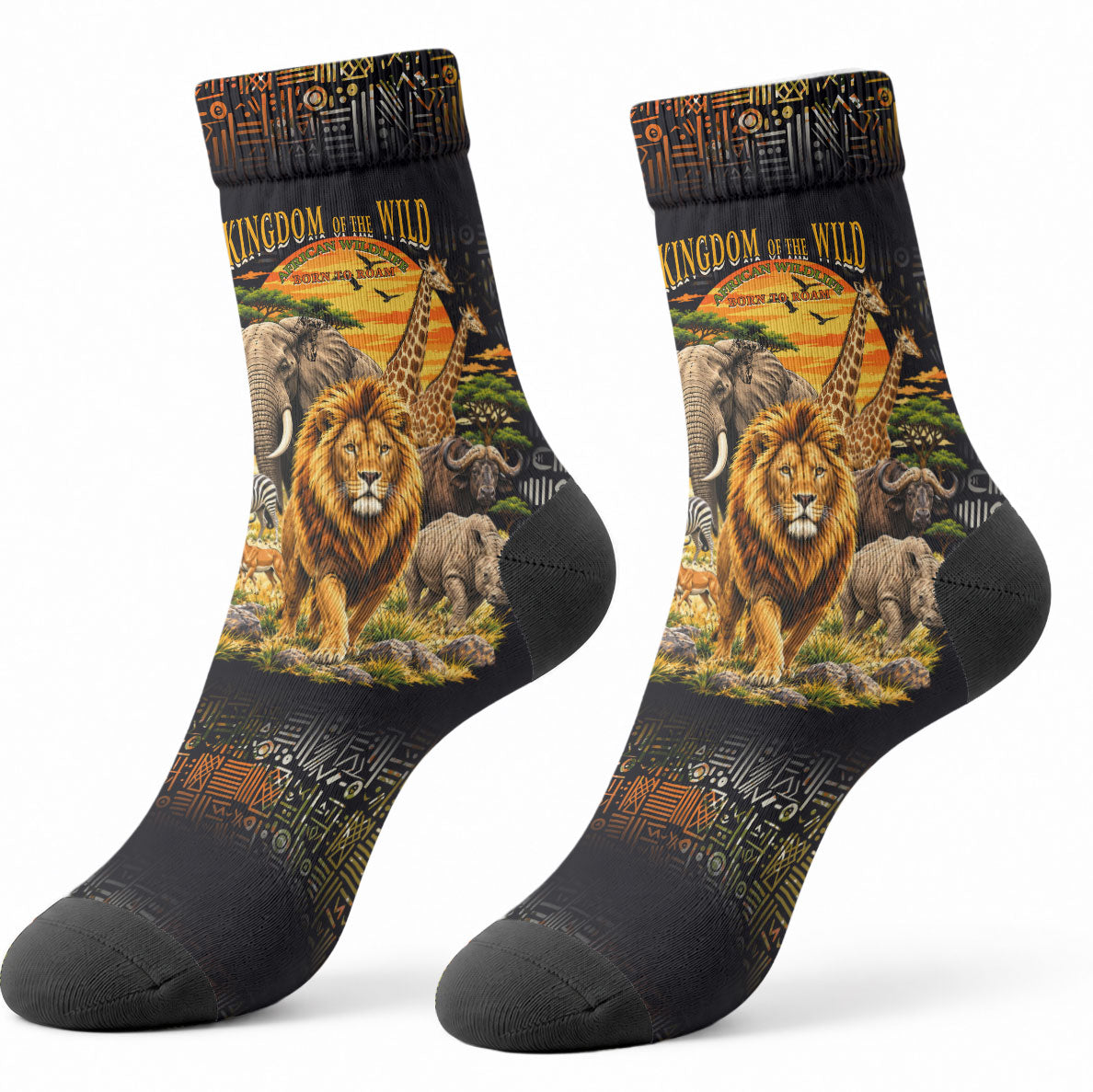 African Wildlife Heart Crew Socks Safari Sunset Lion Elephant Giraffe Tribal Pattern