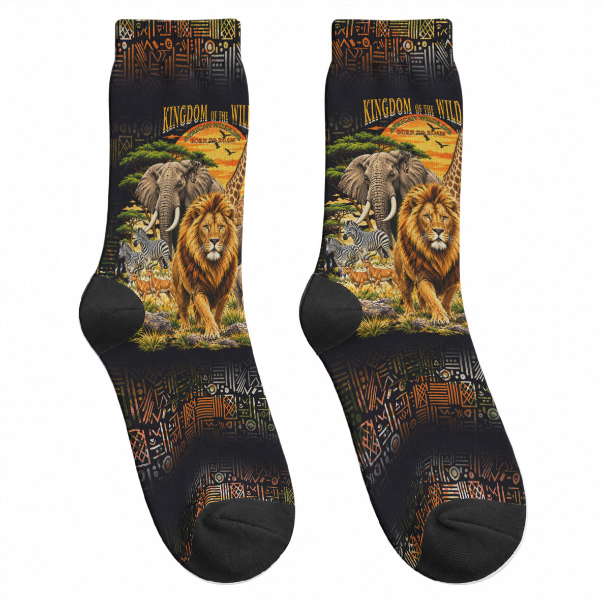 African Wildlife Heart Crew Socks Safari Sunset Lion Elephant Giraffe Tribal Pattern