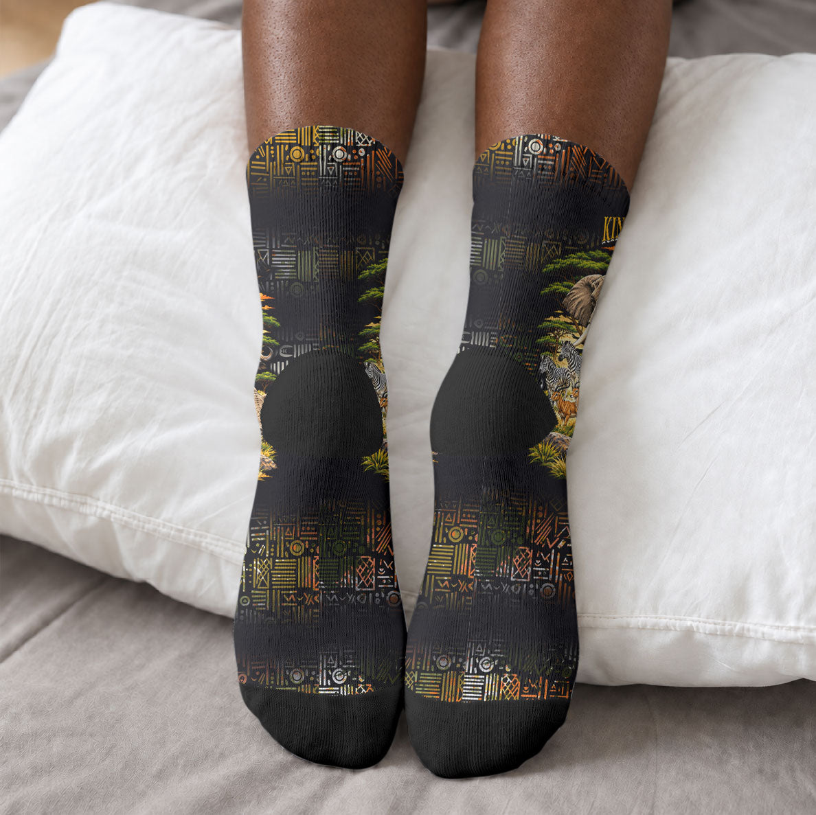 African Wildlife Heart Crew Socks Safari Sunset Lion Elephant Giraffe Tribal Pattern