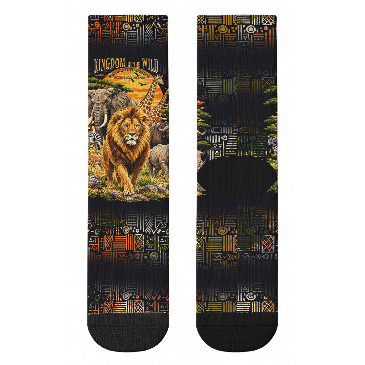 African Wildlife Heart Crew Socks Safari Sunset Lion Elephant Giraffe Tribal Pattern
