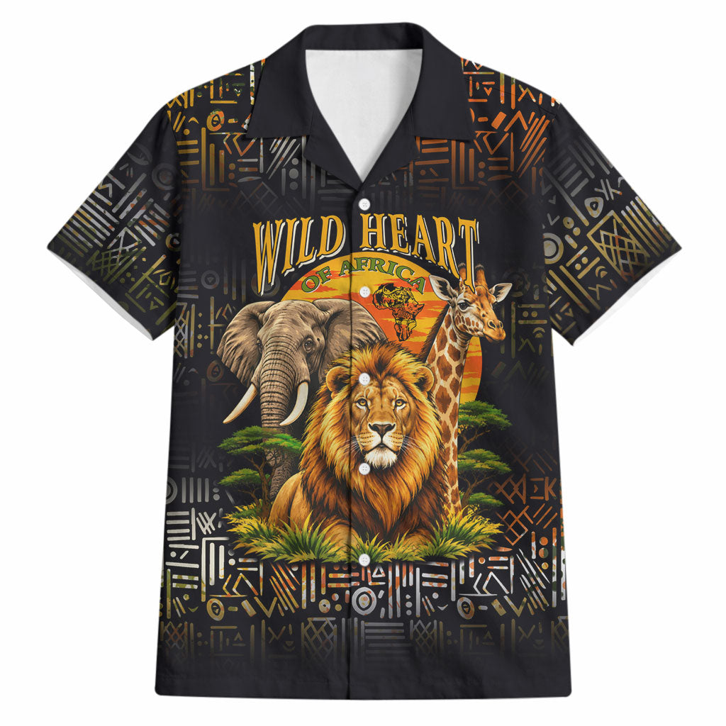 African Wildlife Heart Hawaiian Shirt Safari Sunset Lion Elephant Giraffe Tribal Pattern