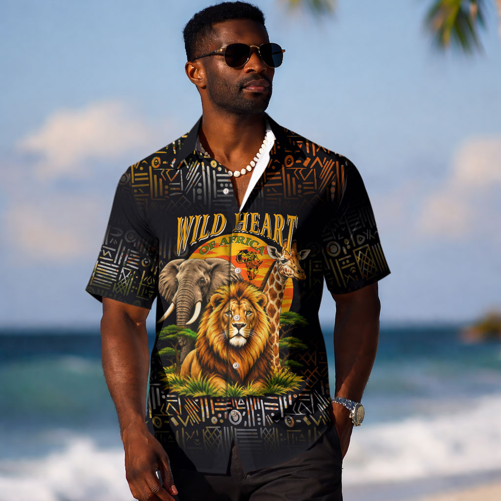 African Wildlife Heart Hawaiian Shirt Safari Sunset Lion Elephant Giraffe Tribal Pattern