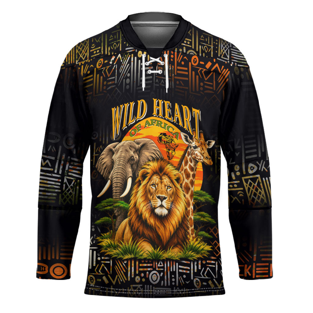 African Wildlife Heart Hockey Jersey Safari Sunset Lion Elephant Giraffe Tribal Pattern