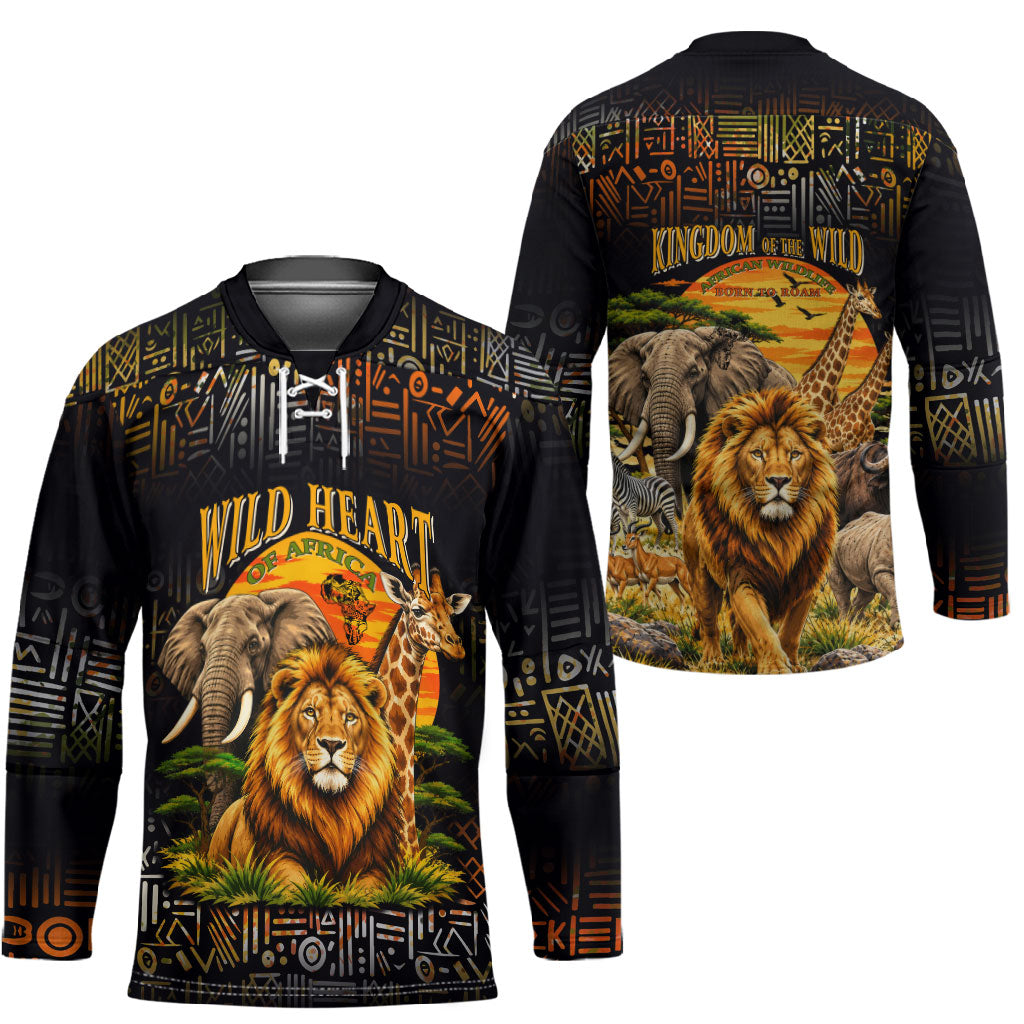 African Wildlife Heart Hockey Jersey Safari Sunset Lion Elephant Giraffe Tribal Pattern