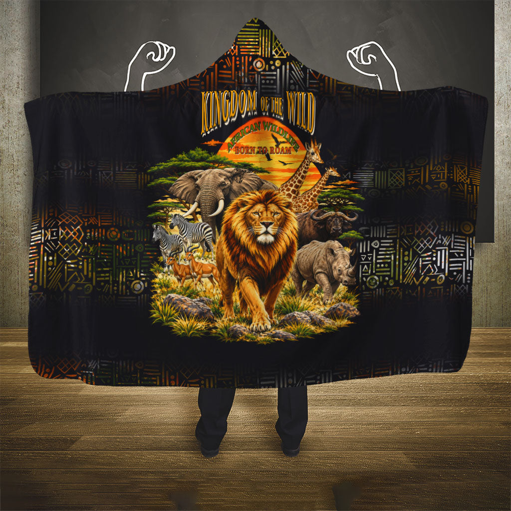 African Wildlife Heart Hooded Blanket Safari Sunset Lion Elephant Giraffe Tribal Pattern