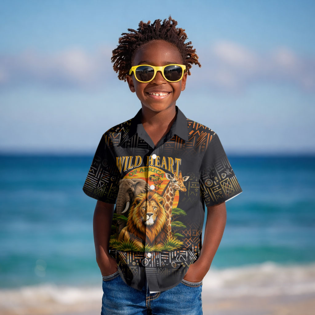 African Wildlife Heart Kid Hawaiian Shirt Safari Sunset Lion Elephant Giraffe Tribal Pattern