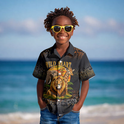 African Wildlife Heart Kid Hawaiian Shirt Safari Sunset Lion Elephant Giraffe Tribal Pattern