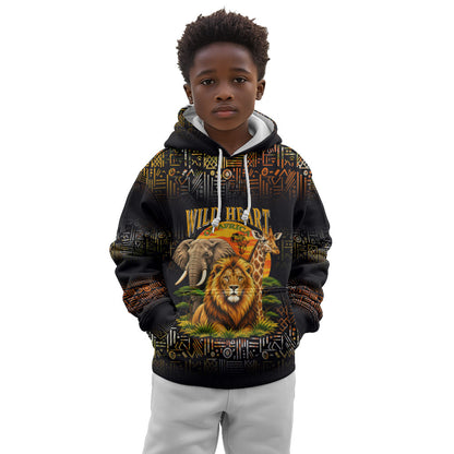 African Wildlife Heart Kid Hoodie Safari Sunset Lion Elephant Giraffe Tribal Pattern