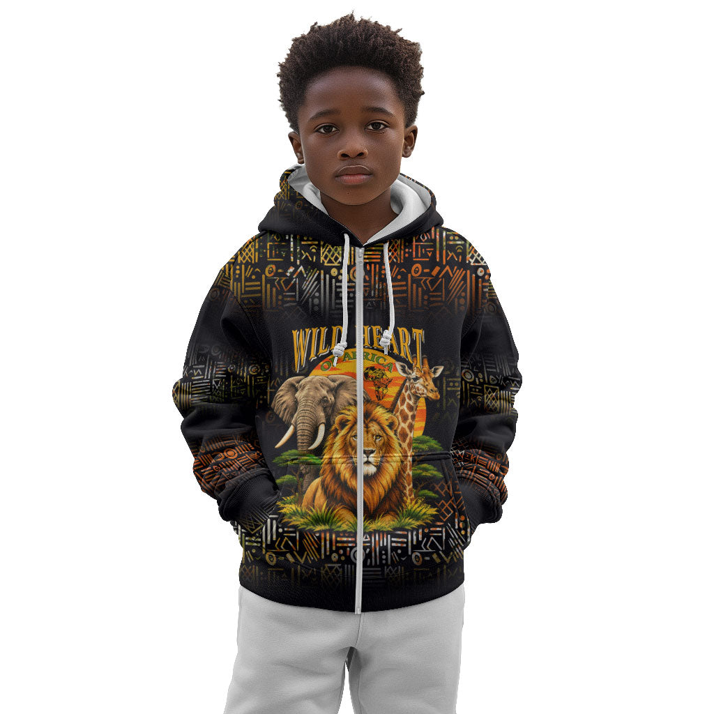 African Wildlife Heart Kid Hoodie Safari Sunset Lion Elephant Giraffe Tribal Pattern