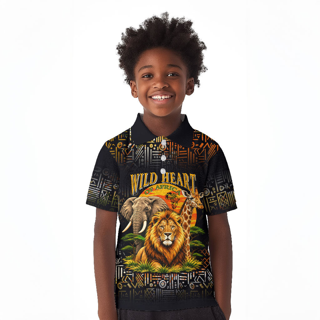 African Wildlife Heart Kid Polo Shirt Safari Sunset Lion Elephant Giraffe Tribal Pattern