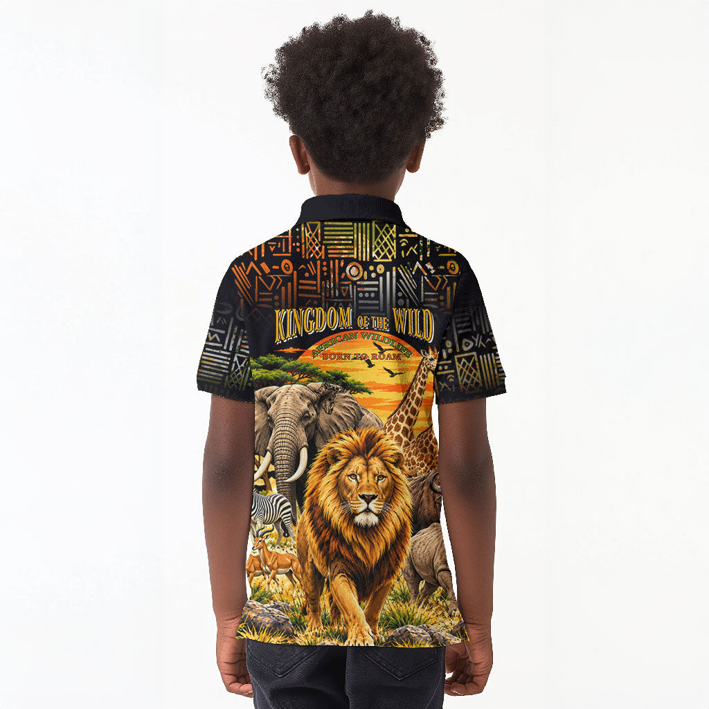 African Wildlife Heart Kid Polo Shirt Safari Sunset Lion Elephant Giraffe Tribal Pattern
