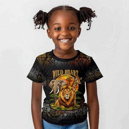 African Wildlife Heart Kid T shirt Safari Sunset Lion Elephant Giraffe Tribal Pattern