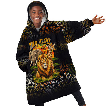 African Wildlife Heart Kid Wearable Blanket Hoodie Safari Sunset Lion Elephant Giraffe Tribal Pattern