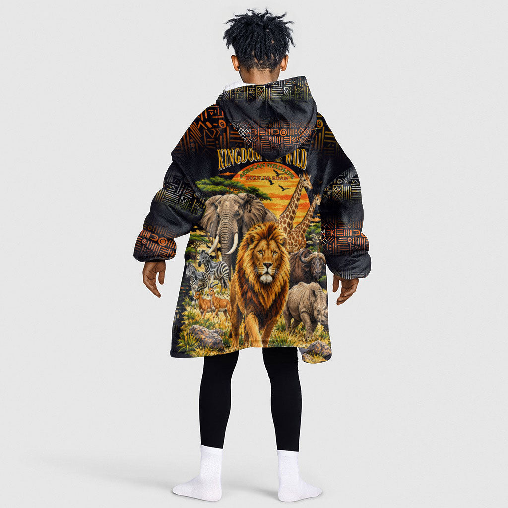 African Wildlife Heart Kid Wearable Blanket Hoodie Safari Sunset Lion Elephant Giraffe Tribal Pattern