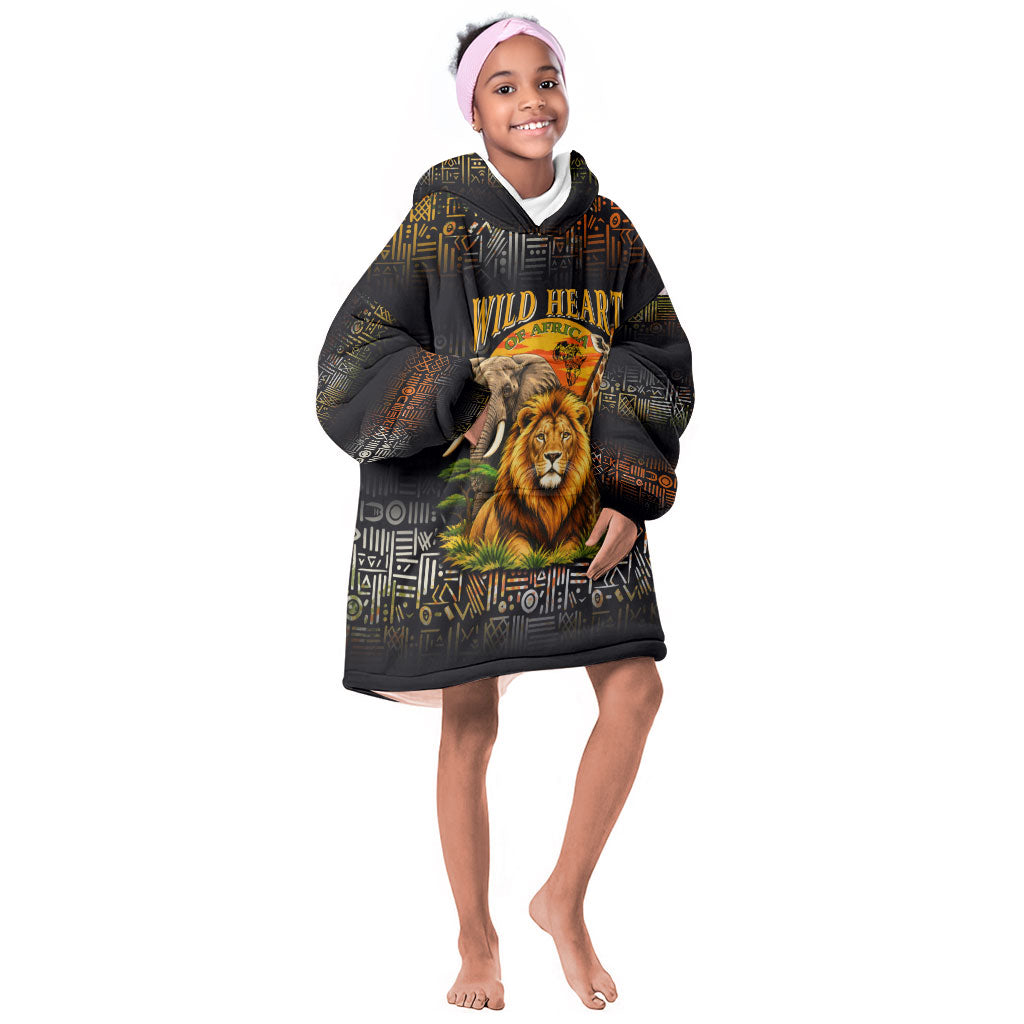 African Wildlife Heart Kid Wearable Blanket Hoodie Safari Sunset Lion Elephant Giraffe Tribal Pattern
