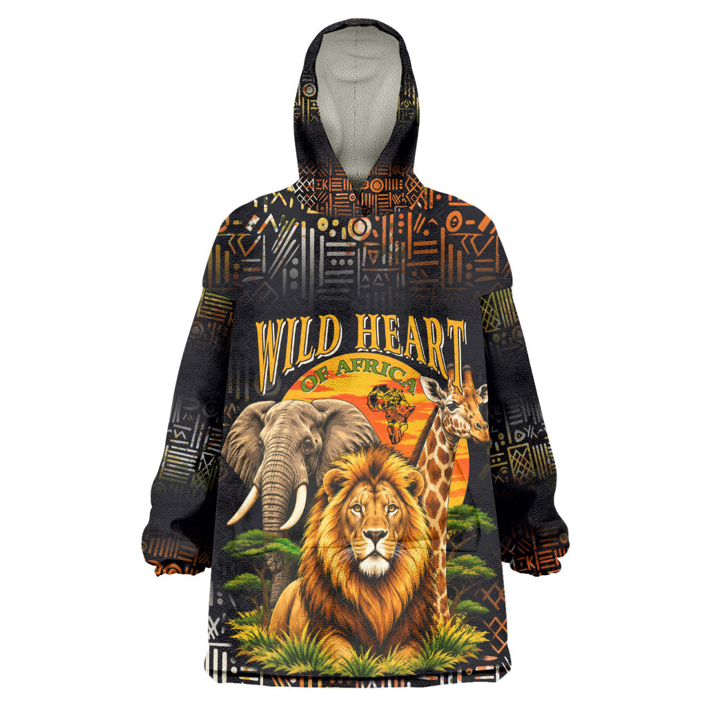 African Wildlife Heart Kid Wearable Blanket Hoodie Safari Sunset Lion Elephant Giraffe Tribal Pattern
