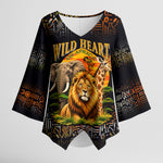 African Wildlife Heart Kimono Sleeve Blouse Safari Sunset Lion Elephant Giraffe Tribal Pattern