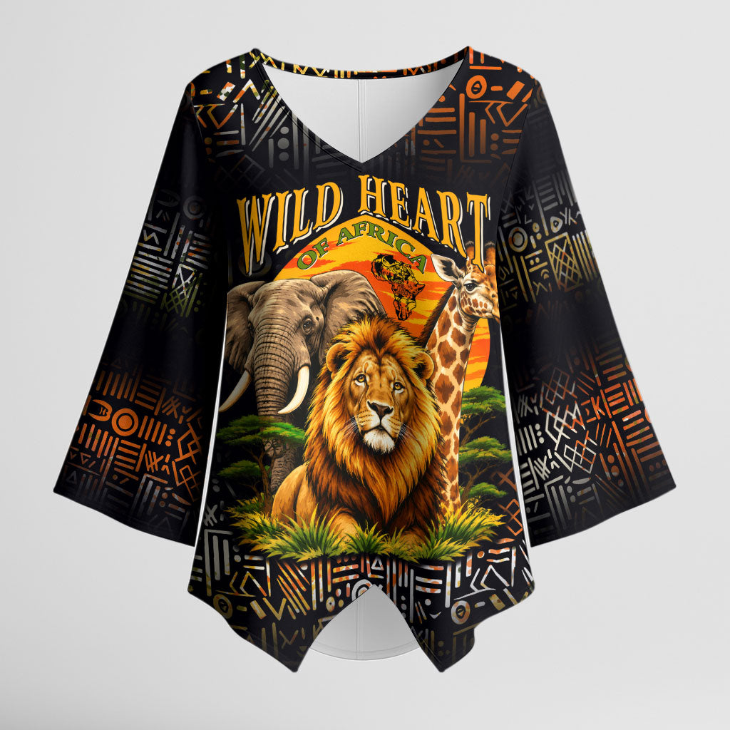 African Wildlife Heart Kimono Sleeve Blouse Safari Sunset Lion Elephant Giraffe Tribal Pattern
