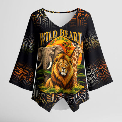 African Wildlife Heart Kimono Sleeve Blouse Safari Sunset Lion Elephant Giraffe Tribal Pattern