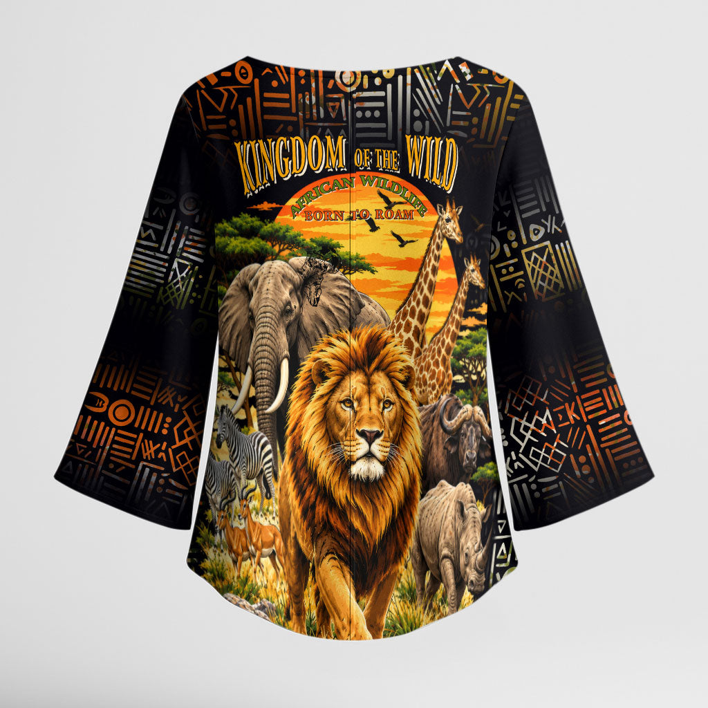 African Wildlife Heart Kimono Sleeve Blouse Safari Sunset Lion Elephant Giraffe Tribal Pattern