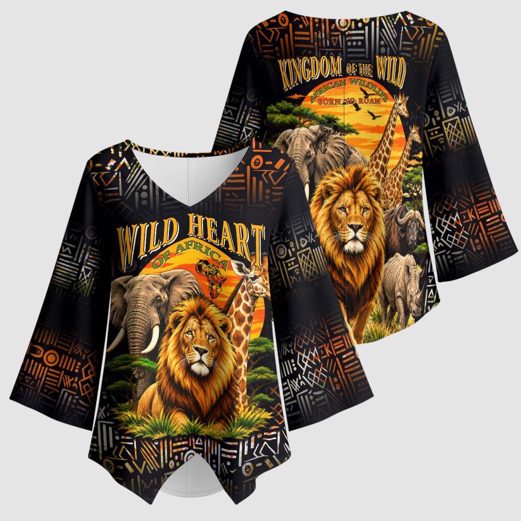 African Wildlife Heart Kimono Sleeve Blouse Safari Sunset Lion Elephant Giraffe Tribal Pattern