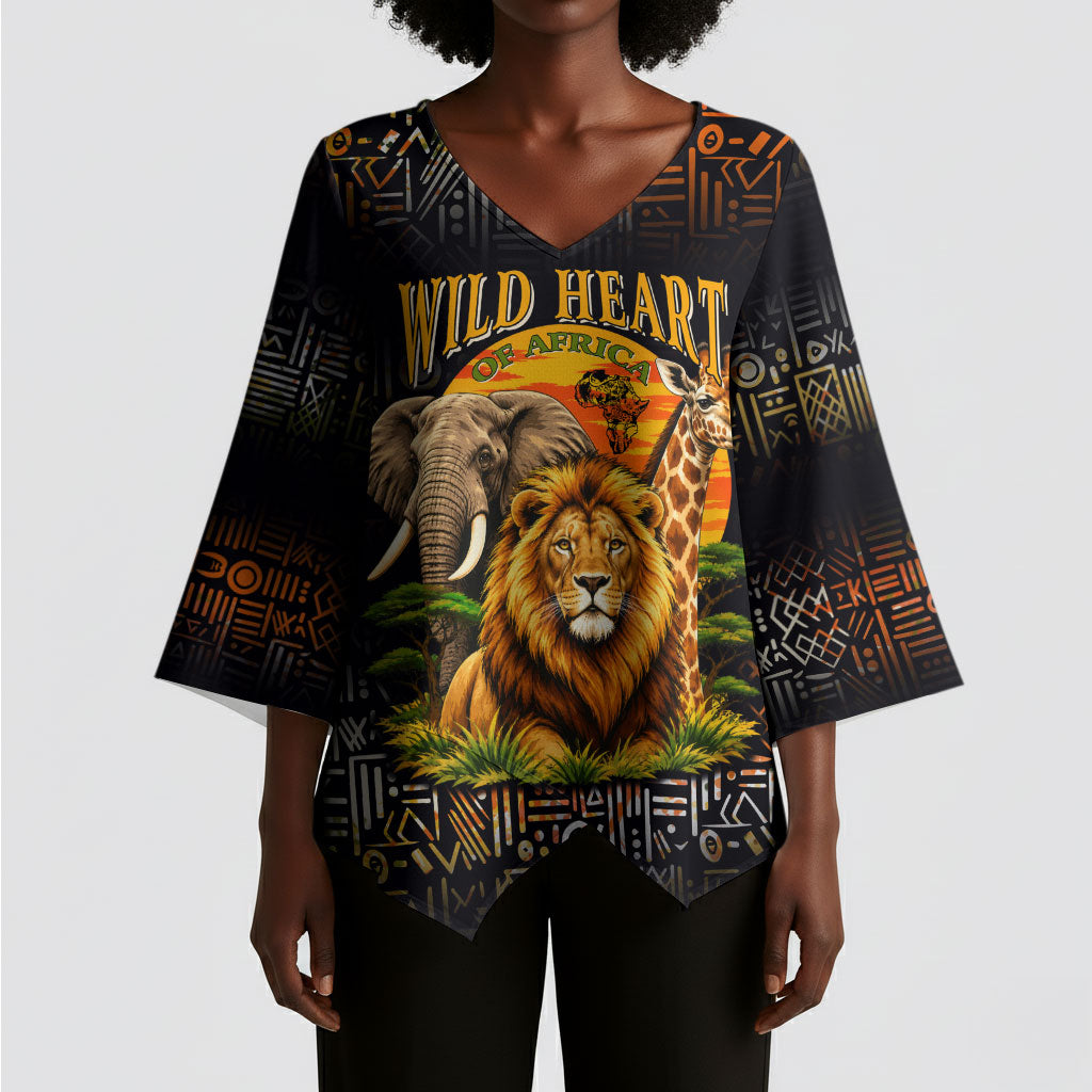 African Wildlife Heart Kimono Sleeve Blouse Safari Sunset Lion Elephant Giraffe Tribal Pattern
